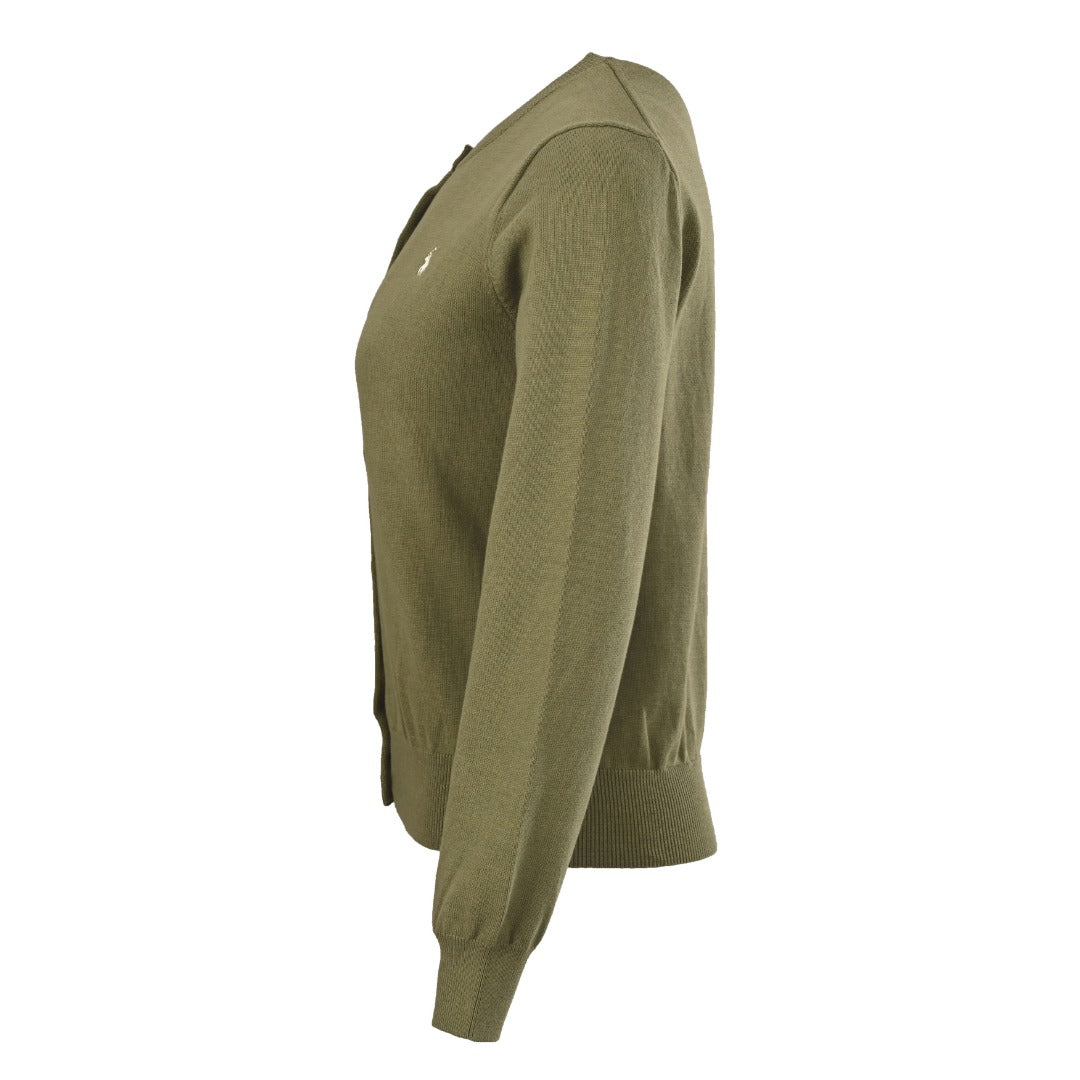 Stretch Cotton-Blend Crewneck Cardigan Willow Green