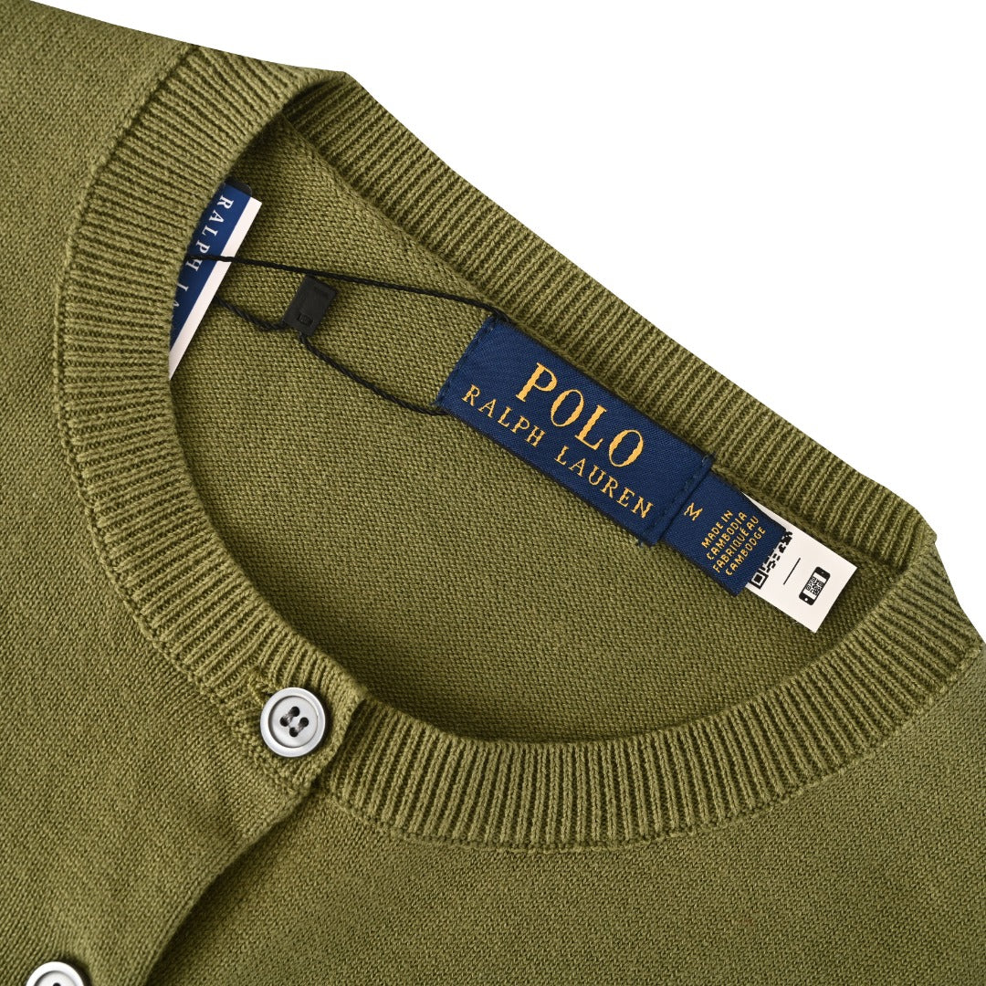 Stretch Cotton-Blend Crewneck Cardigan Willow Green