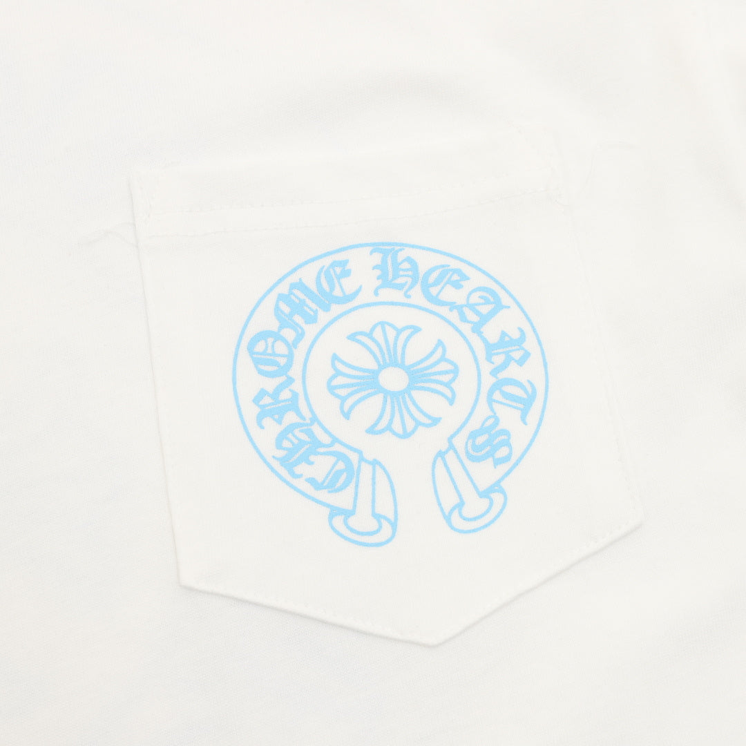 Horseshoe Scroll Long Sleeve Pocket T-Shirt White & Light Blue