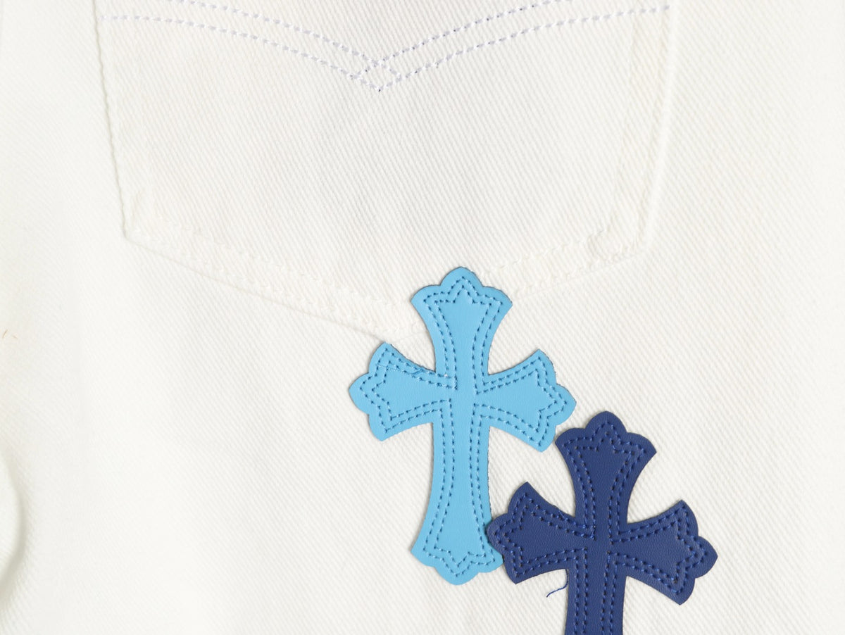 Leather Cross Patch Denim Jeans White & Blue