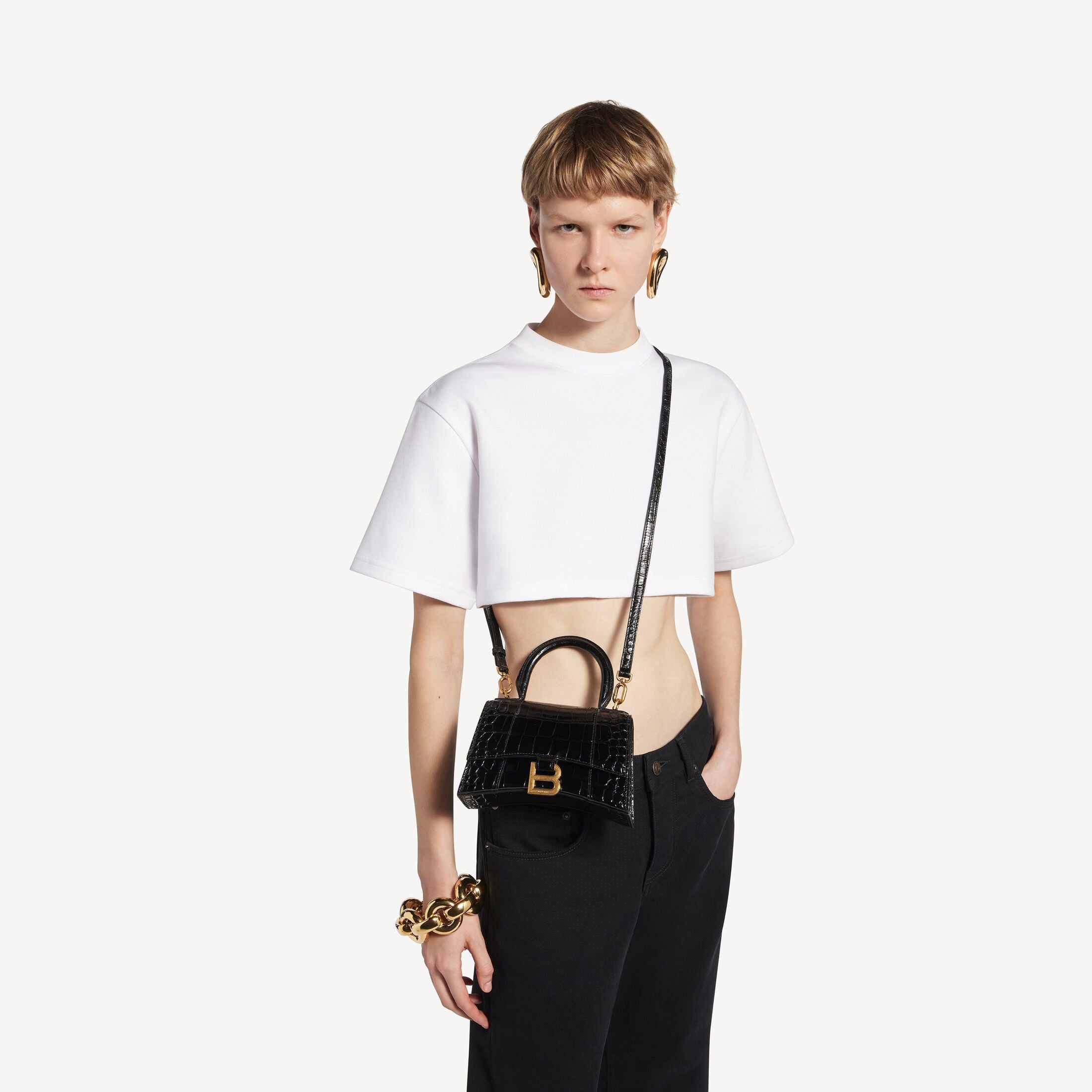 Balenciaga Hourglass XS Handbag in Crocodile-Embossed Calfskin
