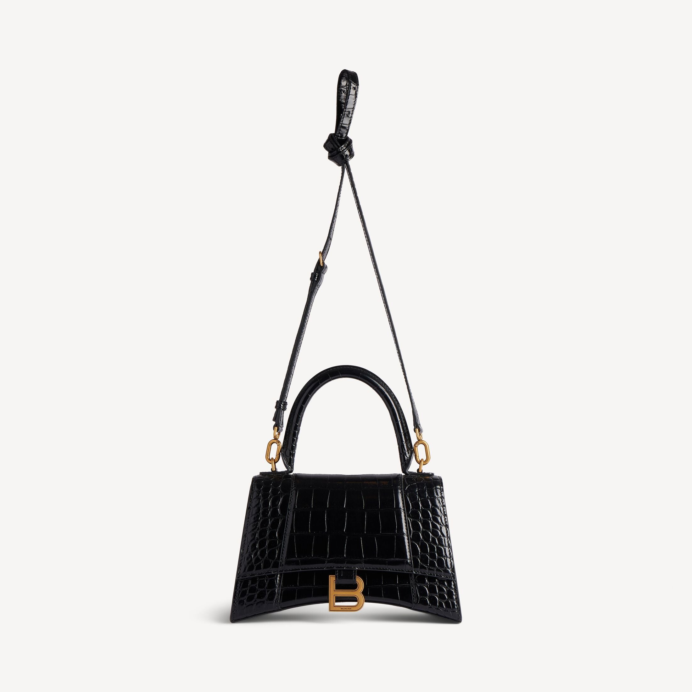 Balenciaga Hourglass Small Handbag in Black Crocodile-Embossed Calfskin