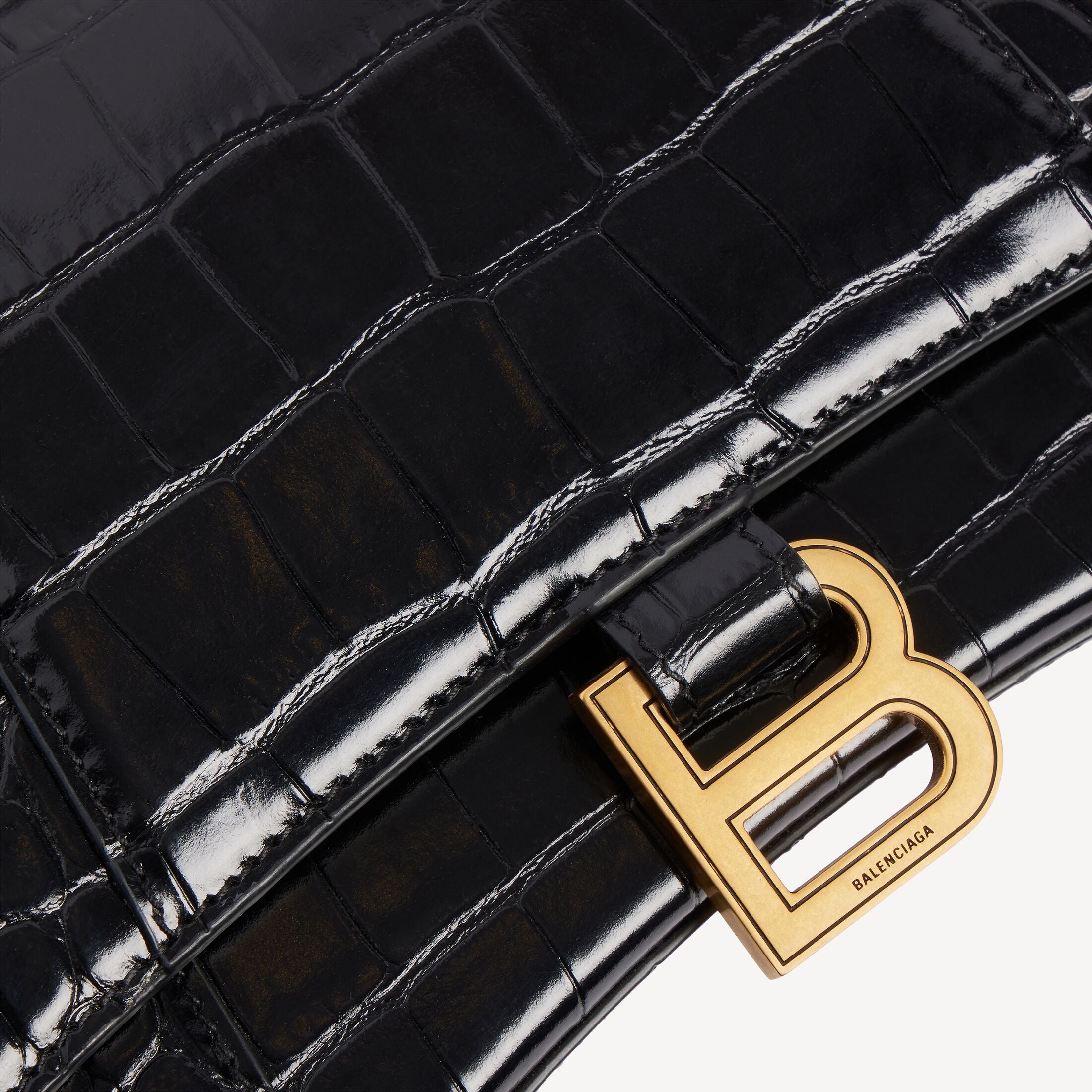 Balenciaga Hourglass Small Handbag in Black Crocodile-Embossed Calfskin