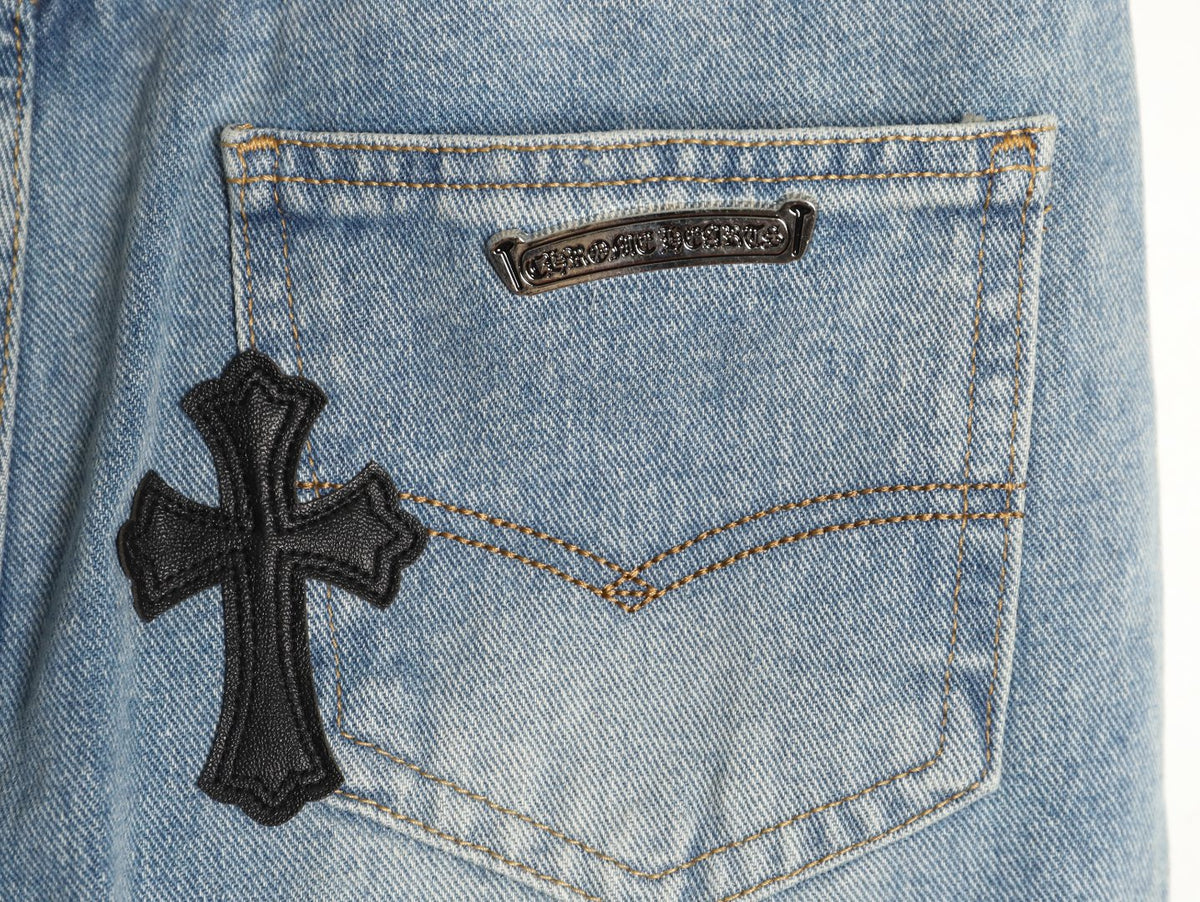 Gothic Cross Patch Denim Jeans Light Blue Wash