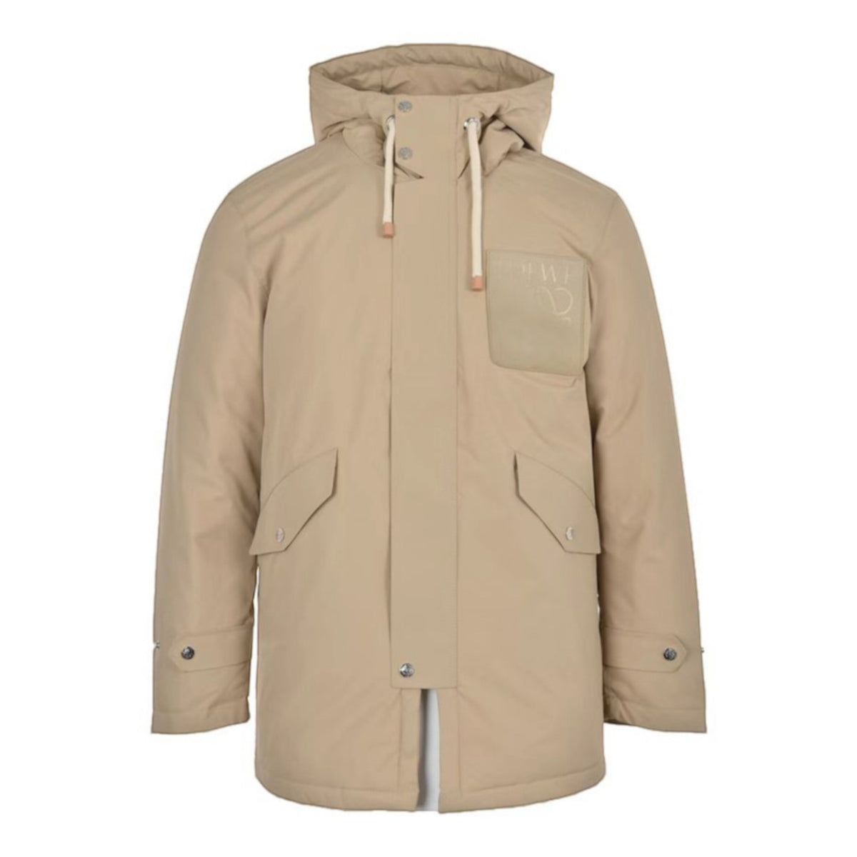 Anagram Leather-Pocket Hooded Parka Beige