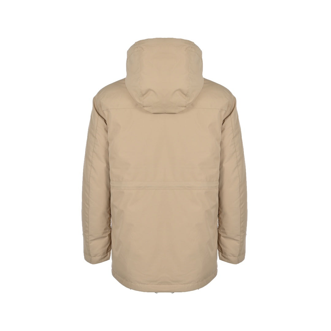 Anagram Leather-Pocket Hooded Parka Beige