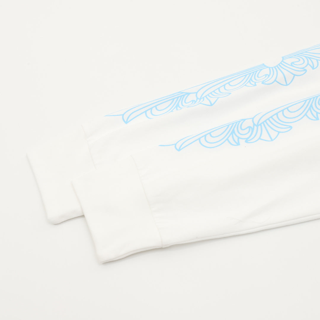 Horseshoe Scroll Long Sleeve Pocket T-Shirt White & Light Blue