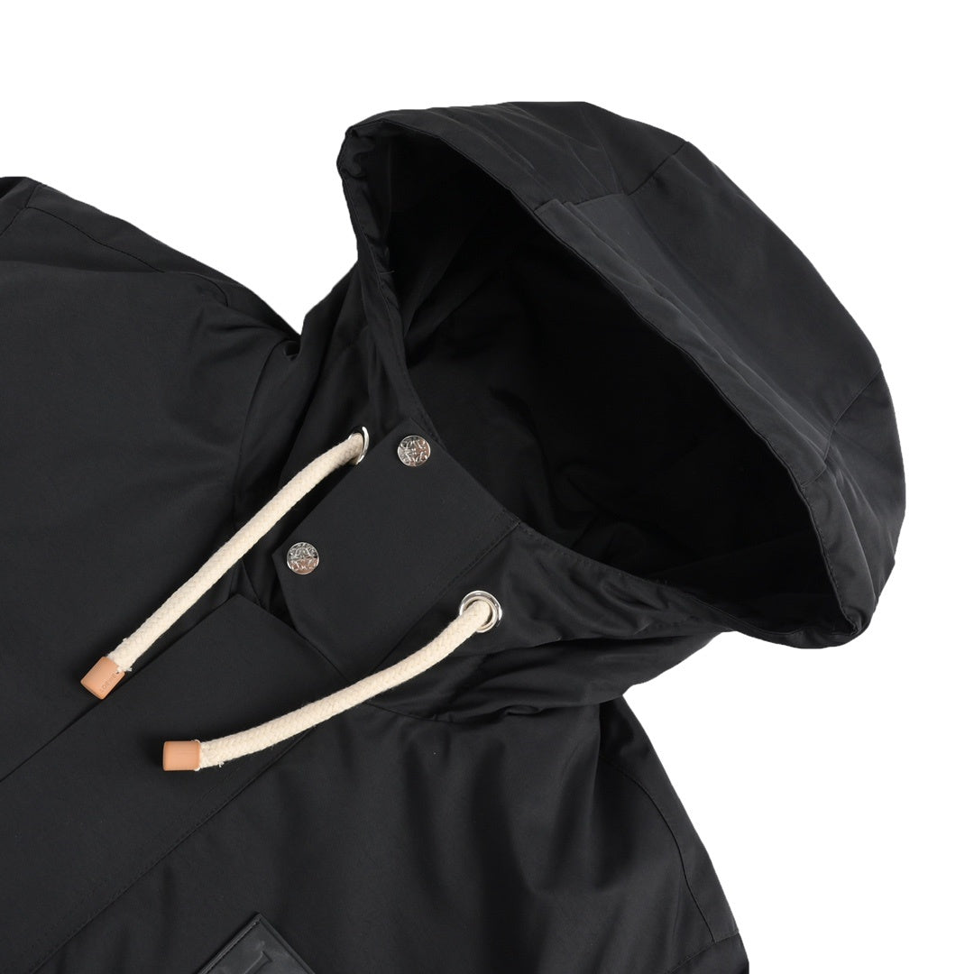 Anagram Leather-Pocket Hooded Parka Black