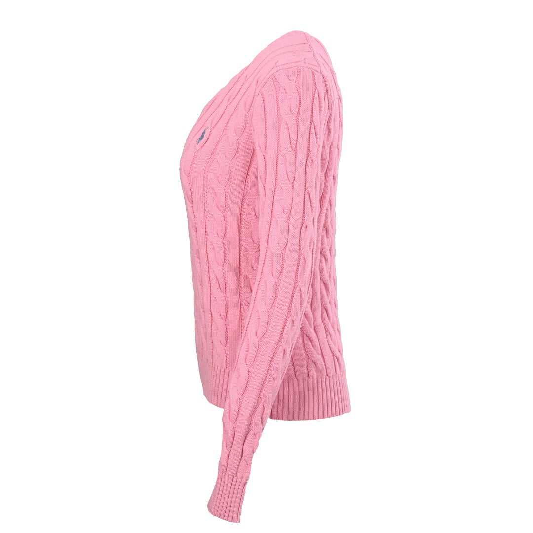 Cotton Cable-Knit V-Neck Sweater Carmel Pink