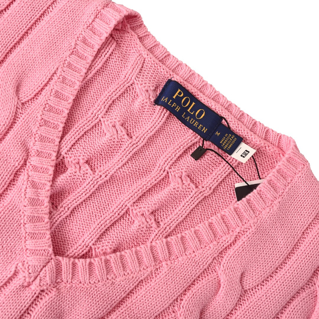 Cotton Cable-Knit V-Neck Sweater Carmel Pink