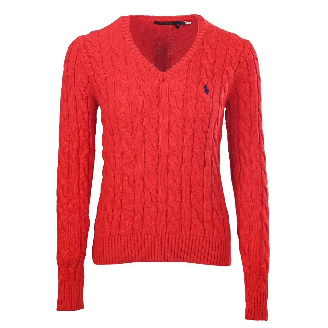 Cable-Knit V-Neck Sweater Red
