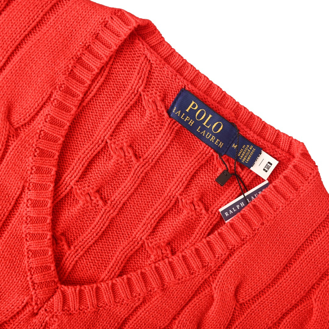 Cable-Knit V-Neck Sweater Red