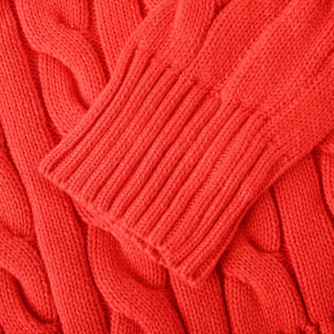 Cable-Knit V-Neck Sweater Red