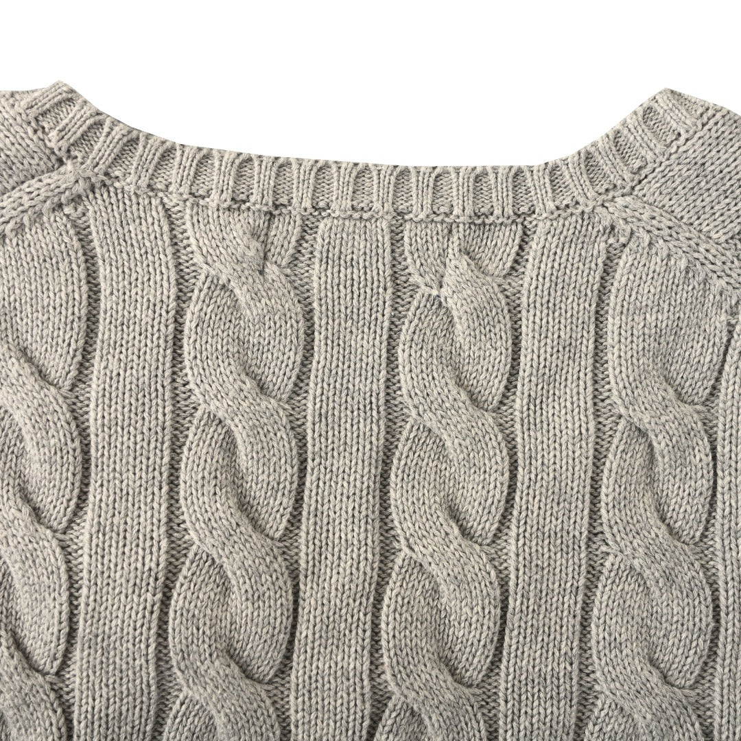 Cable-Knit V-Neck Sweater Grey