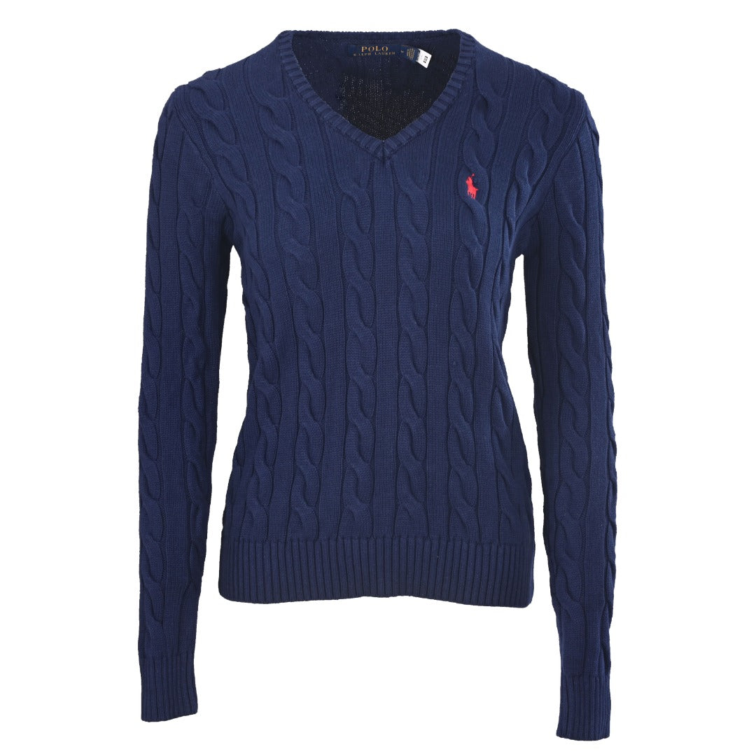 Cable-Knit V-Neck Sweater Navy Blue