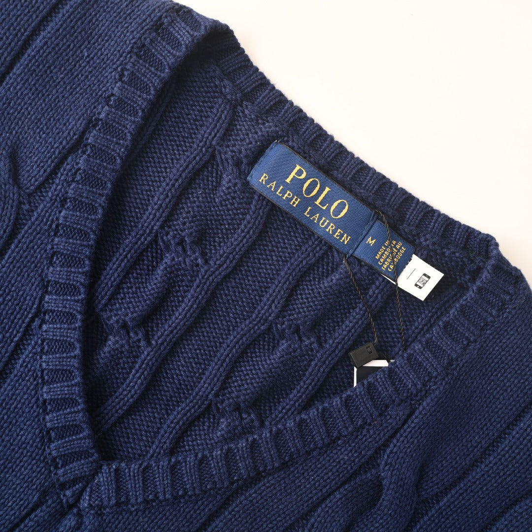 Cable-Knit V-Neck Sweater Navy Blue