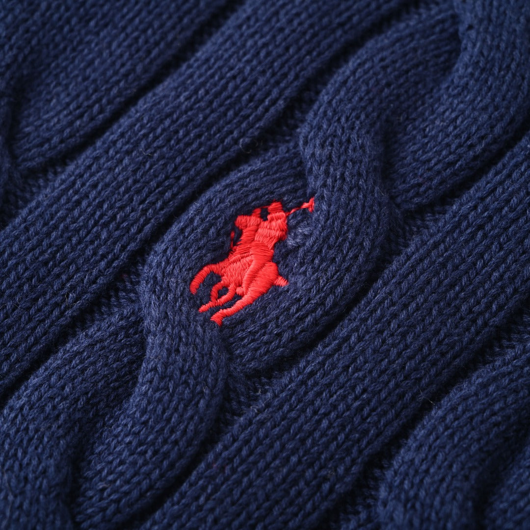 Cable-Knit V-Neck Sweater Navy Blue
