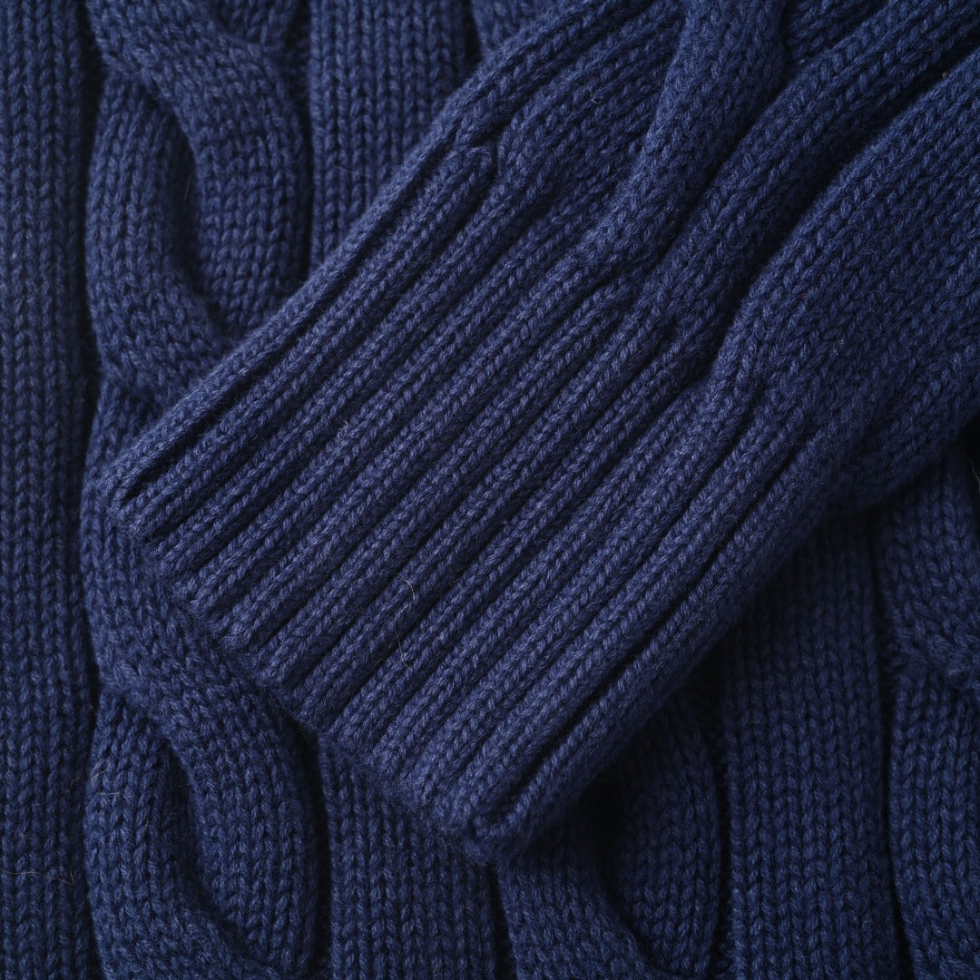 Cable-Knit V-Neck Sweater Navy Blue