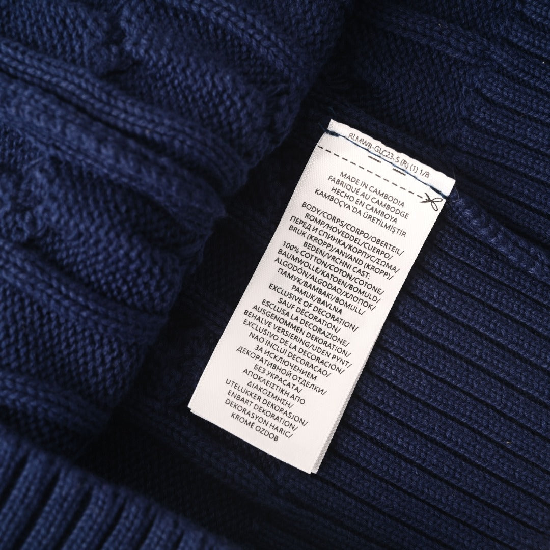 Cable-Knit V-Neck Sweater Navy Blue