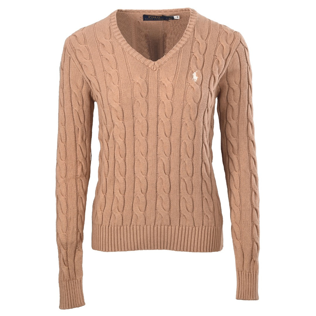Cable-Knit Wool-Cashmere V-Neck Sweater Camel Melange