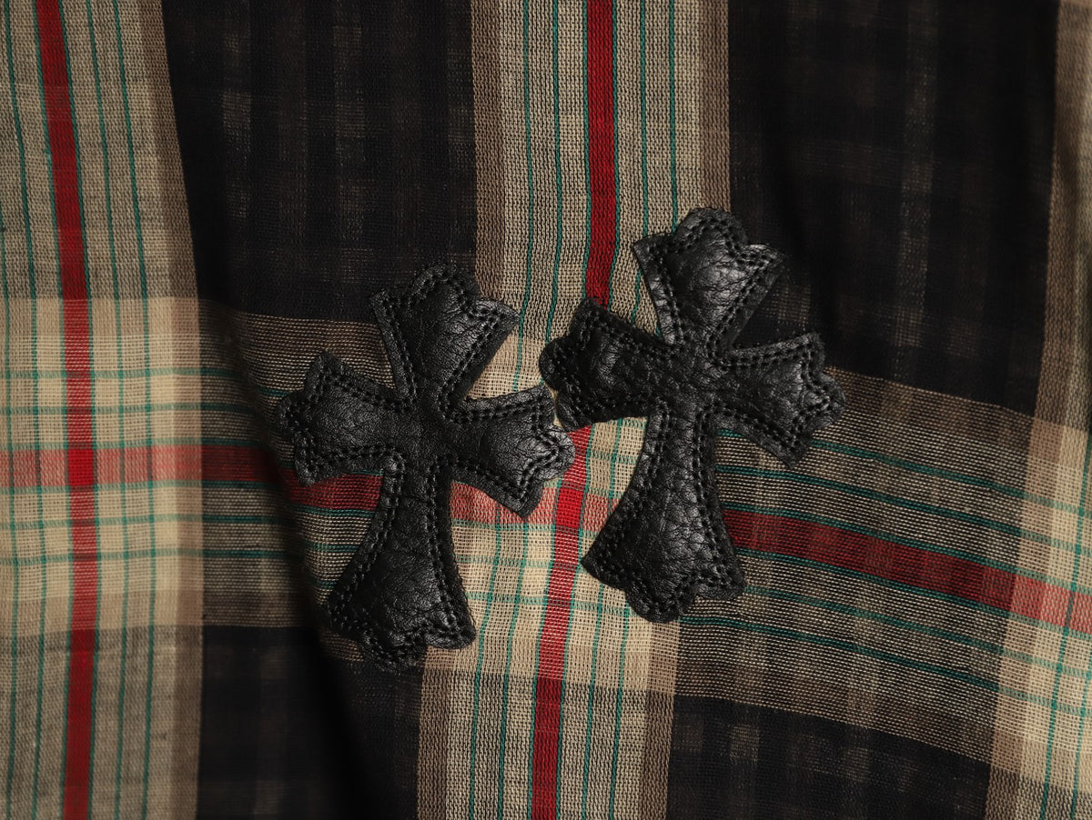 Leather Cross Patch Plaid Flannel Shirt