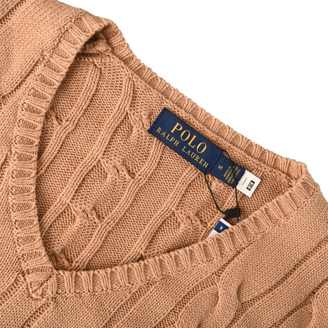 Cable-Knit Wool-Cashmere V-Neck Sweater Camel Melange