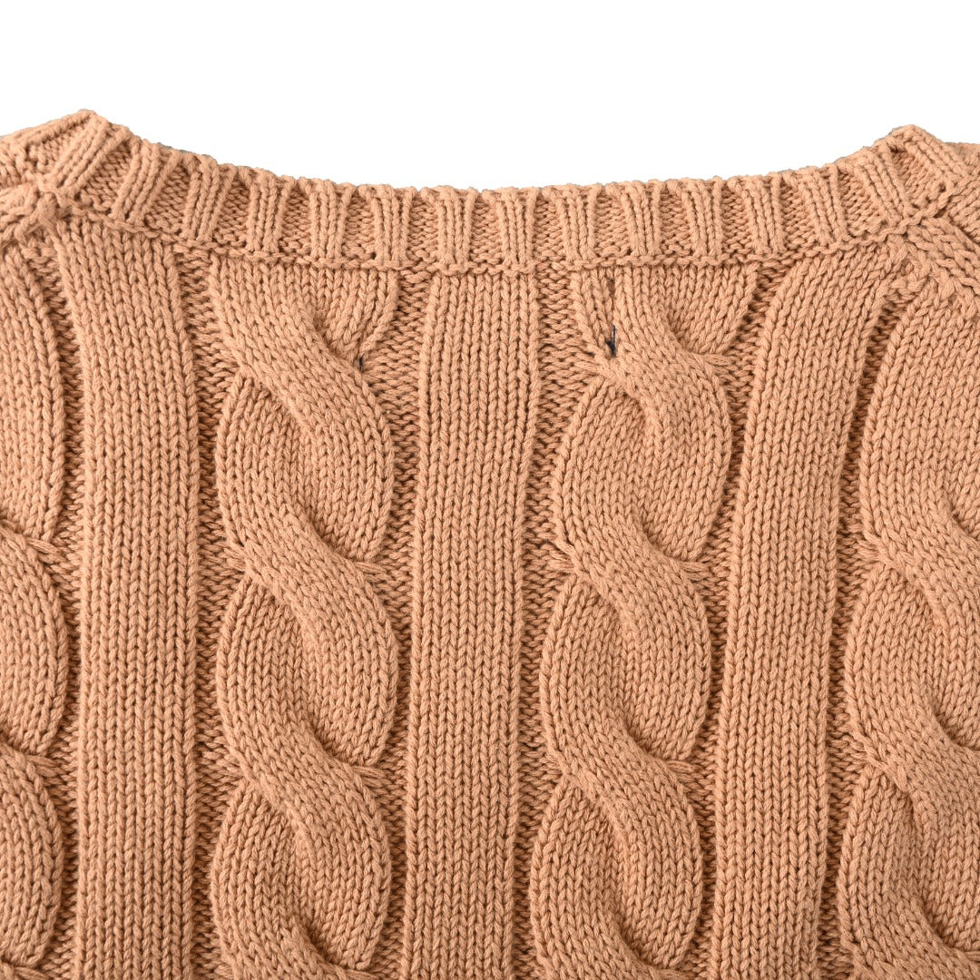 Cable-Knit Wool-Cashmere V-Neck Sweater Camel Melange