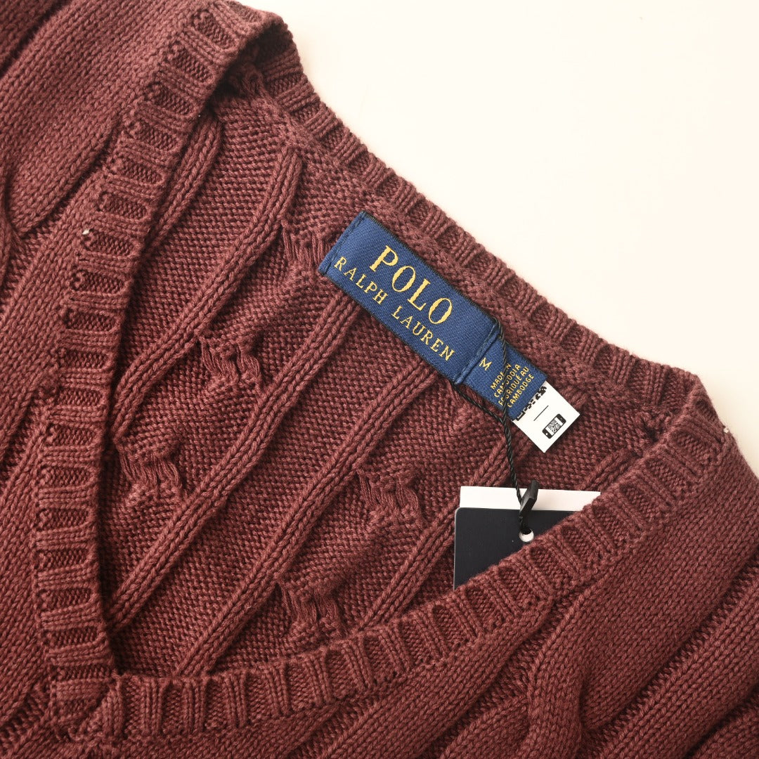Cable-Knit V-Neck Sweater Rich Ruby