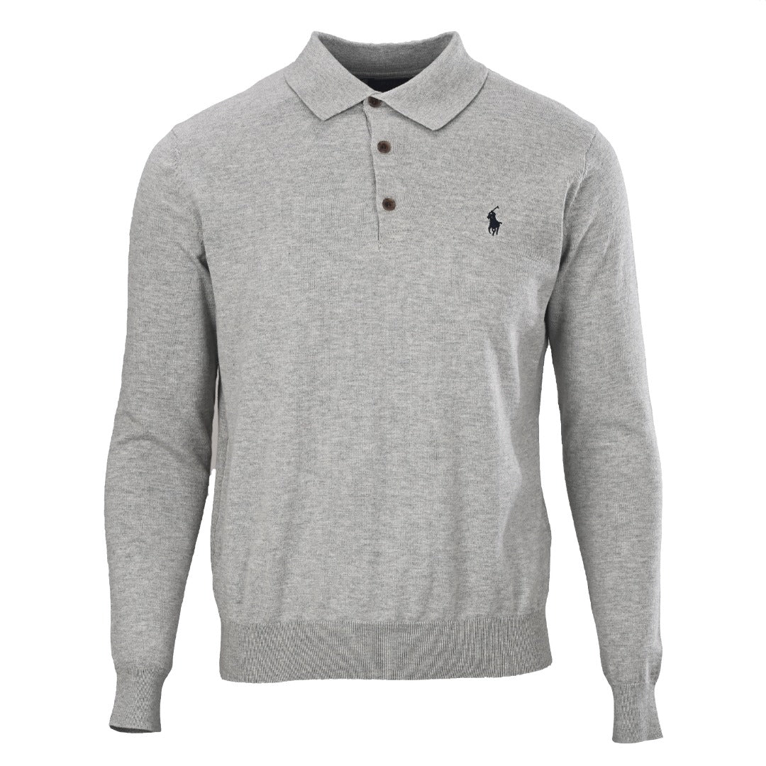 Fine-Knit Cotton Polo Sweater Grey