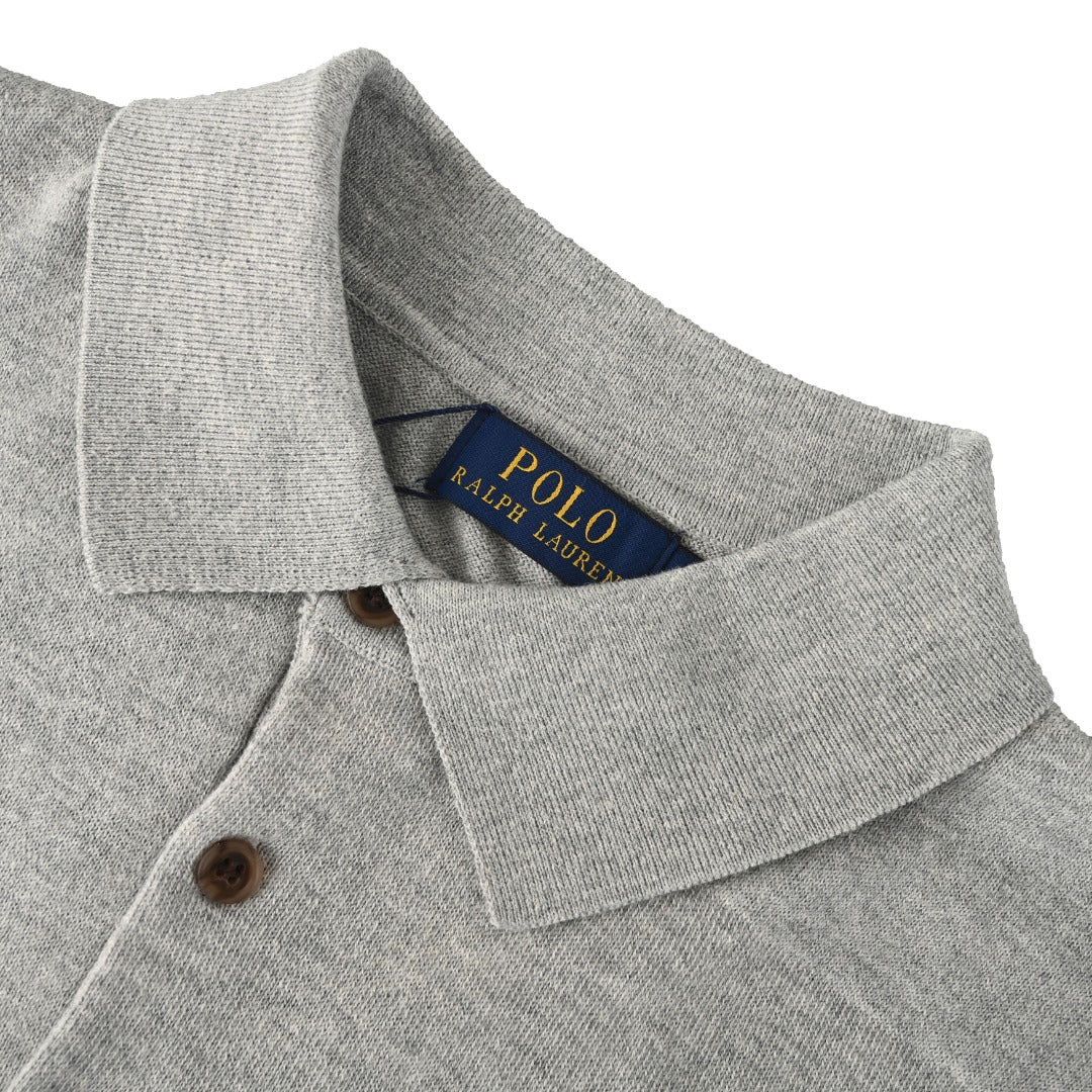 Fine-Knit Cotton Polo Sweater Grey