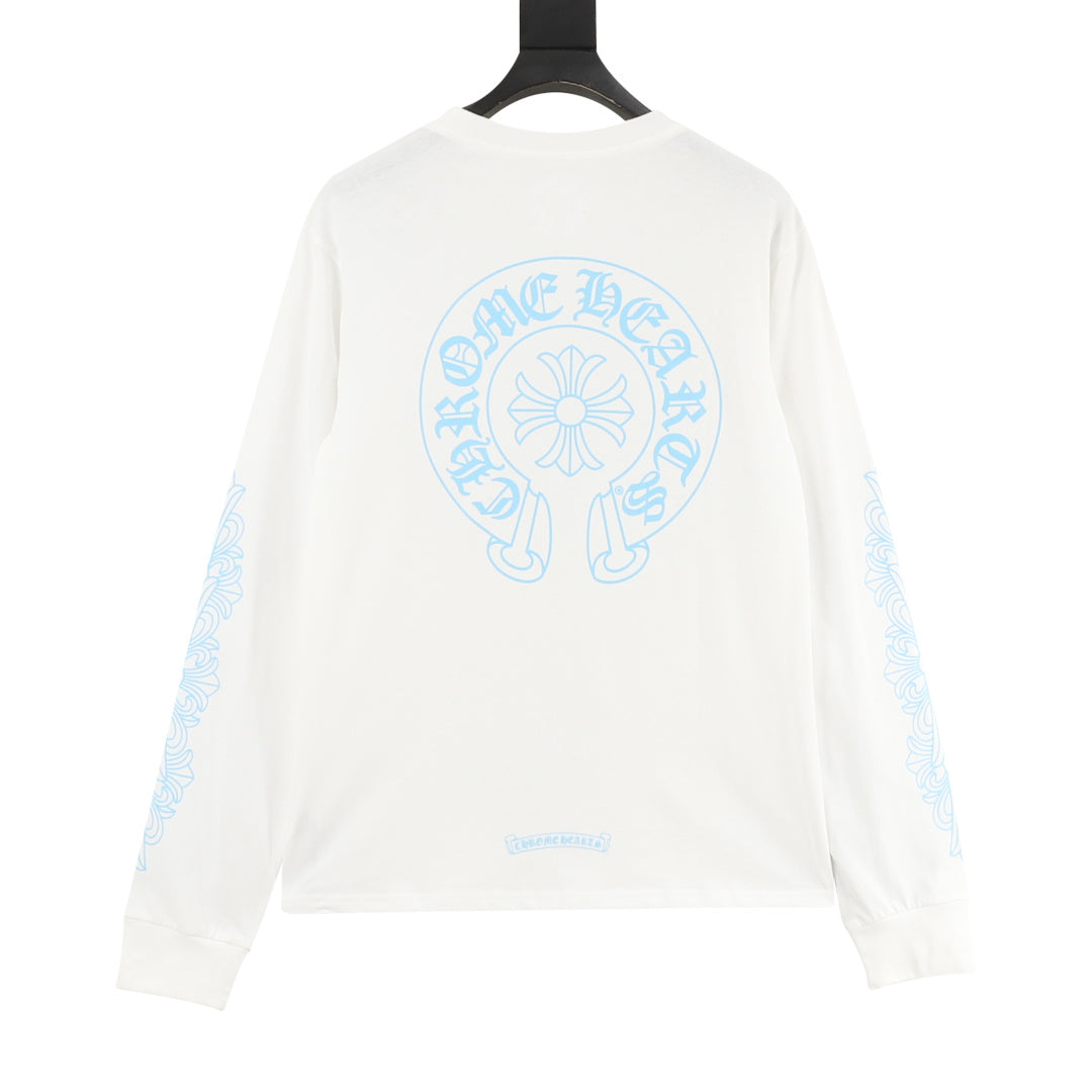 Horseshoe Scroll Long Sleeve Pocket T-Shirt White & Light Blue
