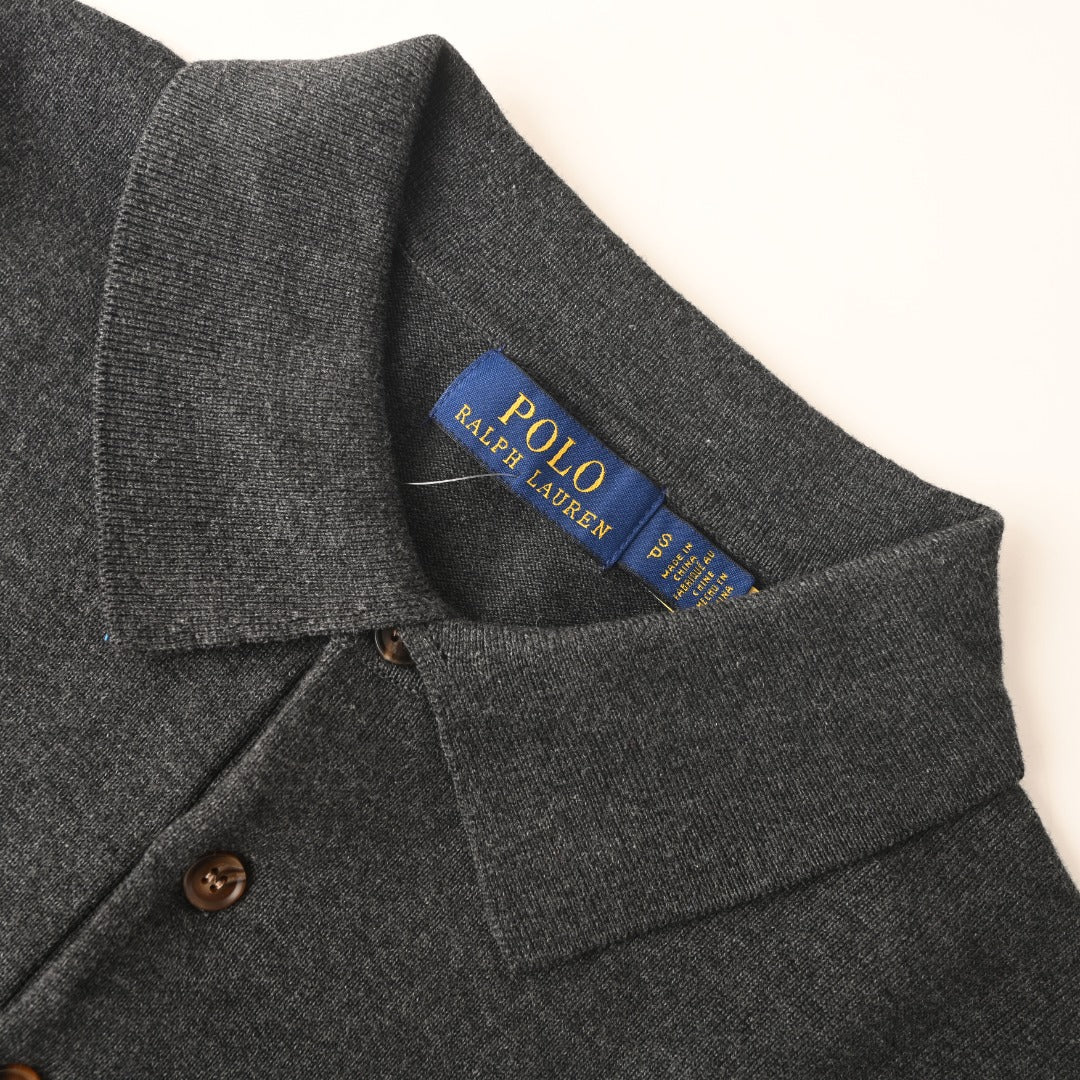 Fine-Knit Polo Sweater Charcoal Grey