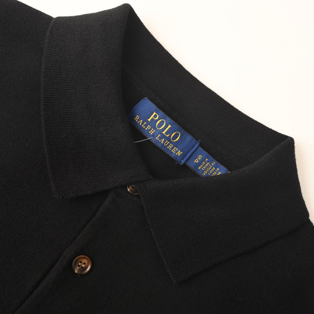 Washable Wool Polo-Collar Sweater Black