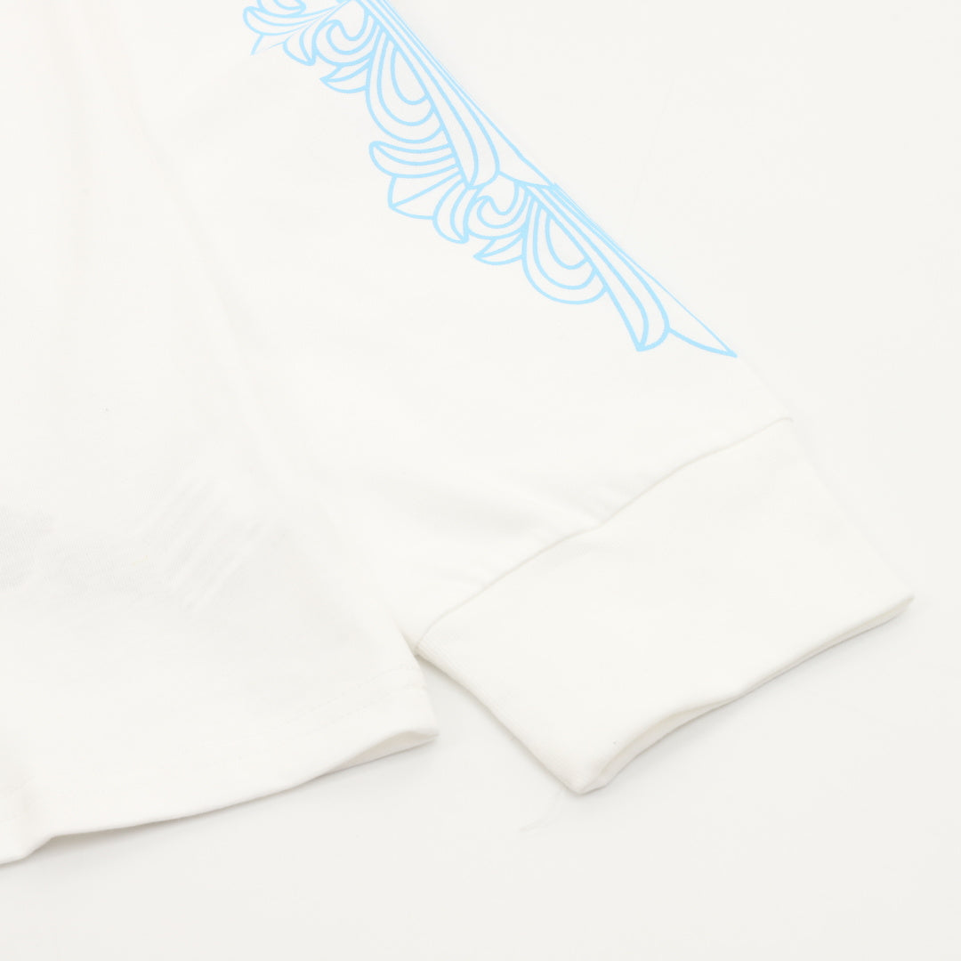 Horseshoe Scroll Long Sleeve Pocket T-Shirt White & Light Blue