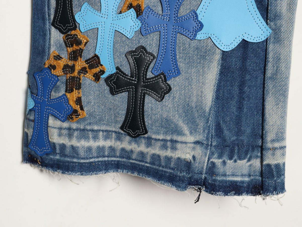 Cross Patch Flare Denim Jeans Light Blue