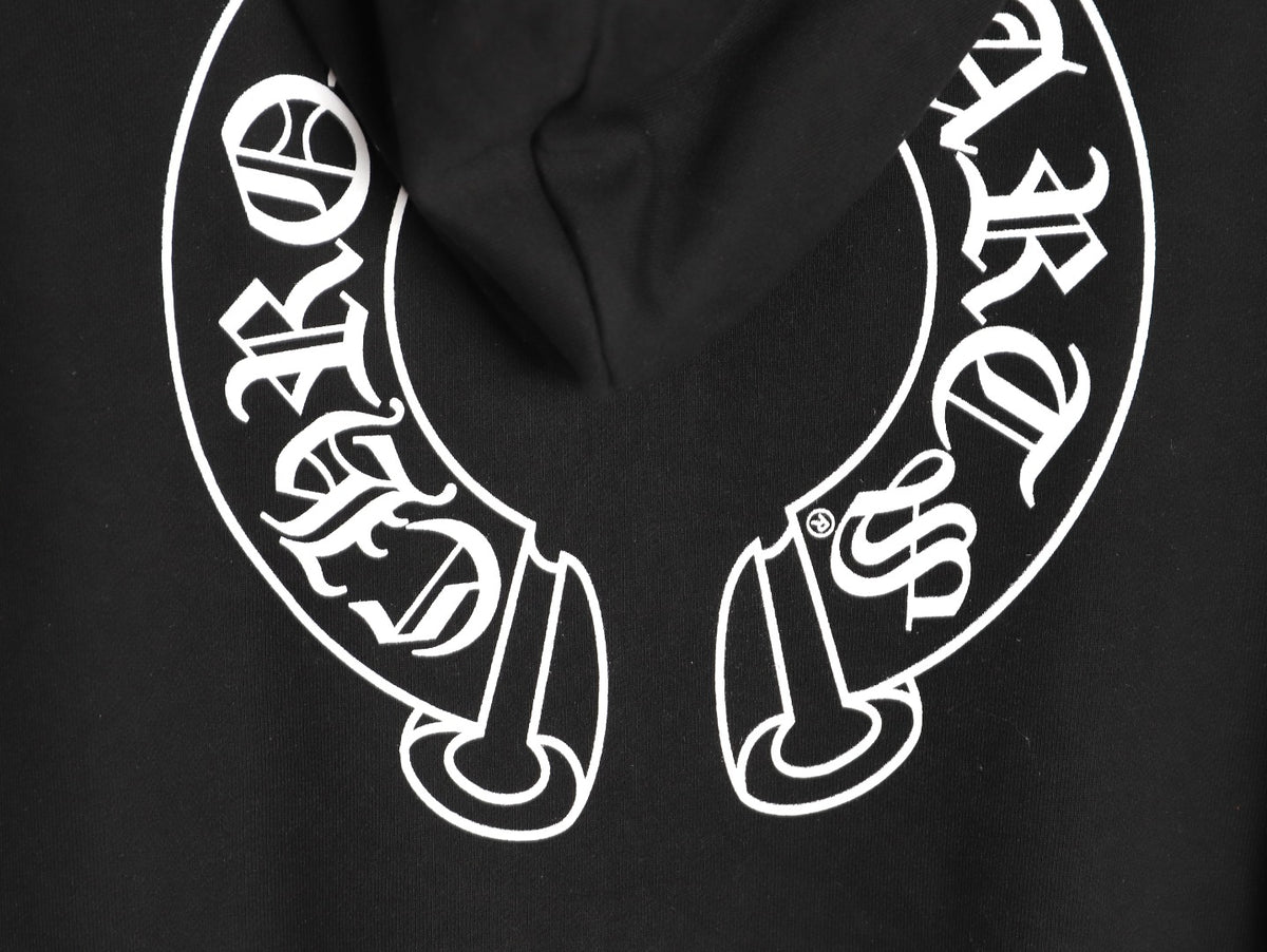 Horseshoe Floral Cross Sleeve Zip-Up Hoodie Black