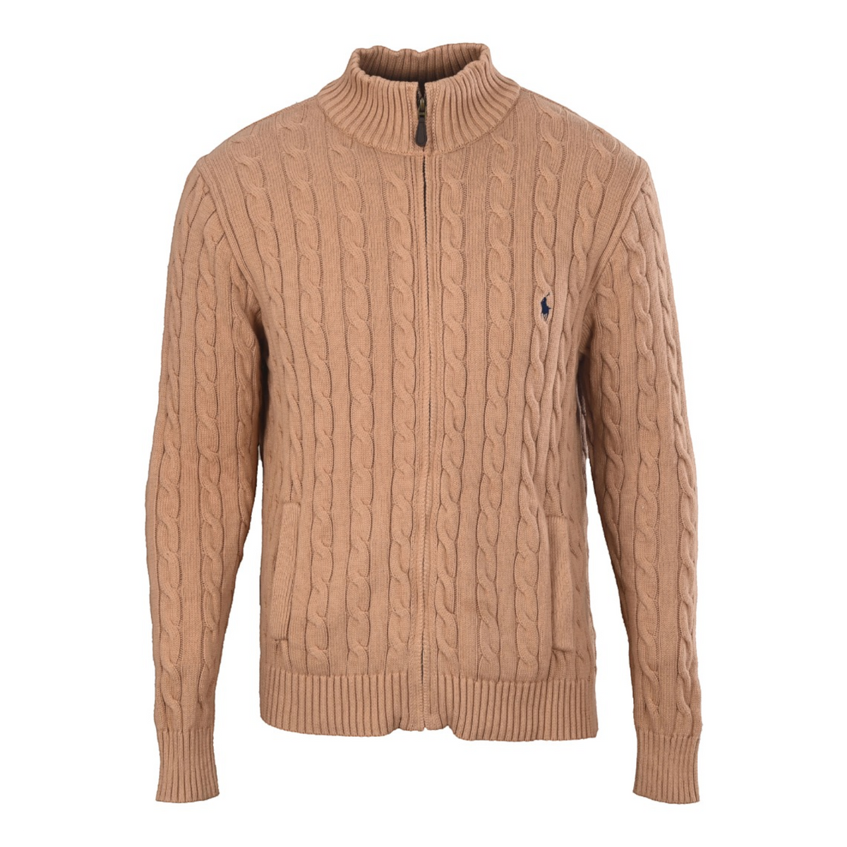 Cable-Knit Cotton Full-Zip Sweater Camel