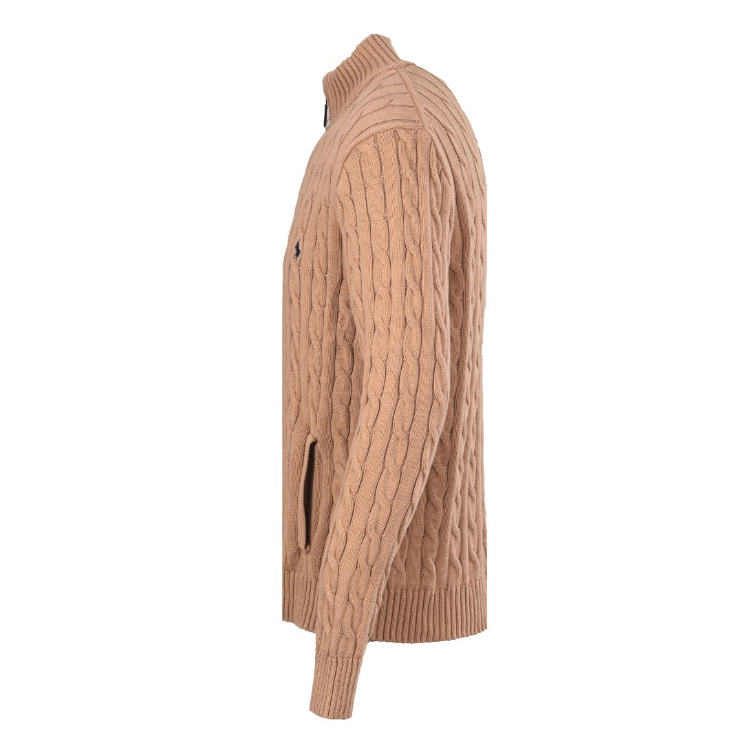Cable-Knit Cotton Full-Zip Sweater Camel