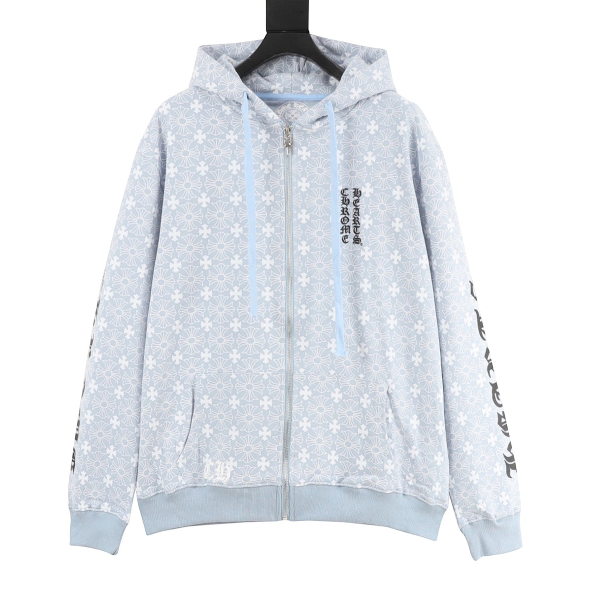 Floral Cross Zip-Up Hoodie Light Blue
