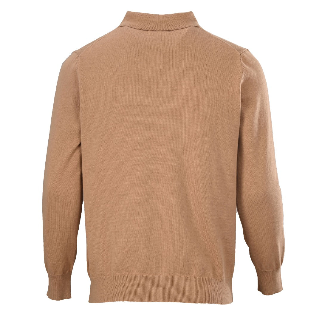Long-Sleeve Knit Polo Camel Melange