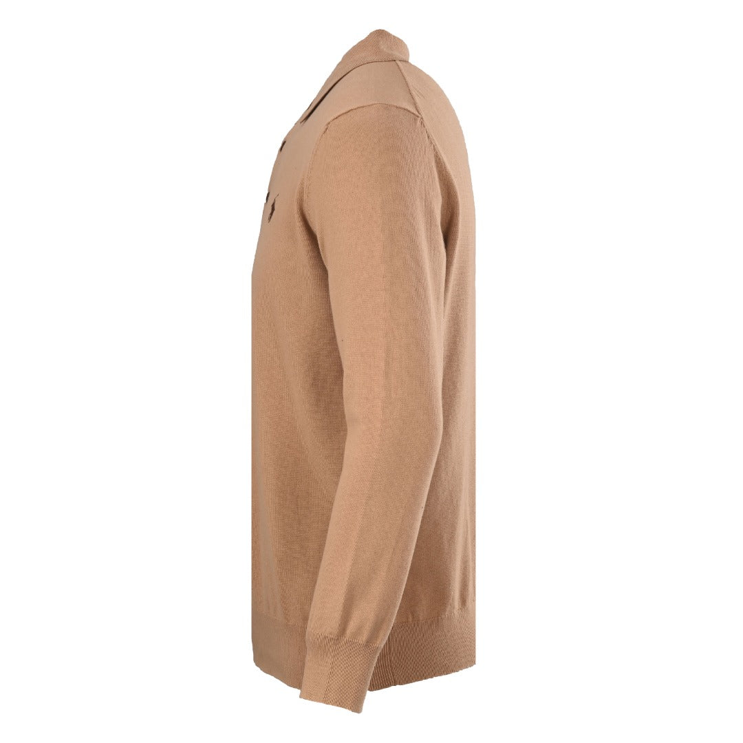 Long-Sleeve Knit Polo Camel Melange