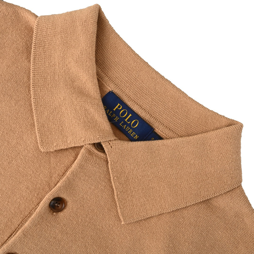 Long-Sleeve Knit Polo Camel Melange