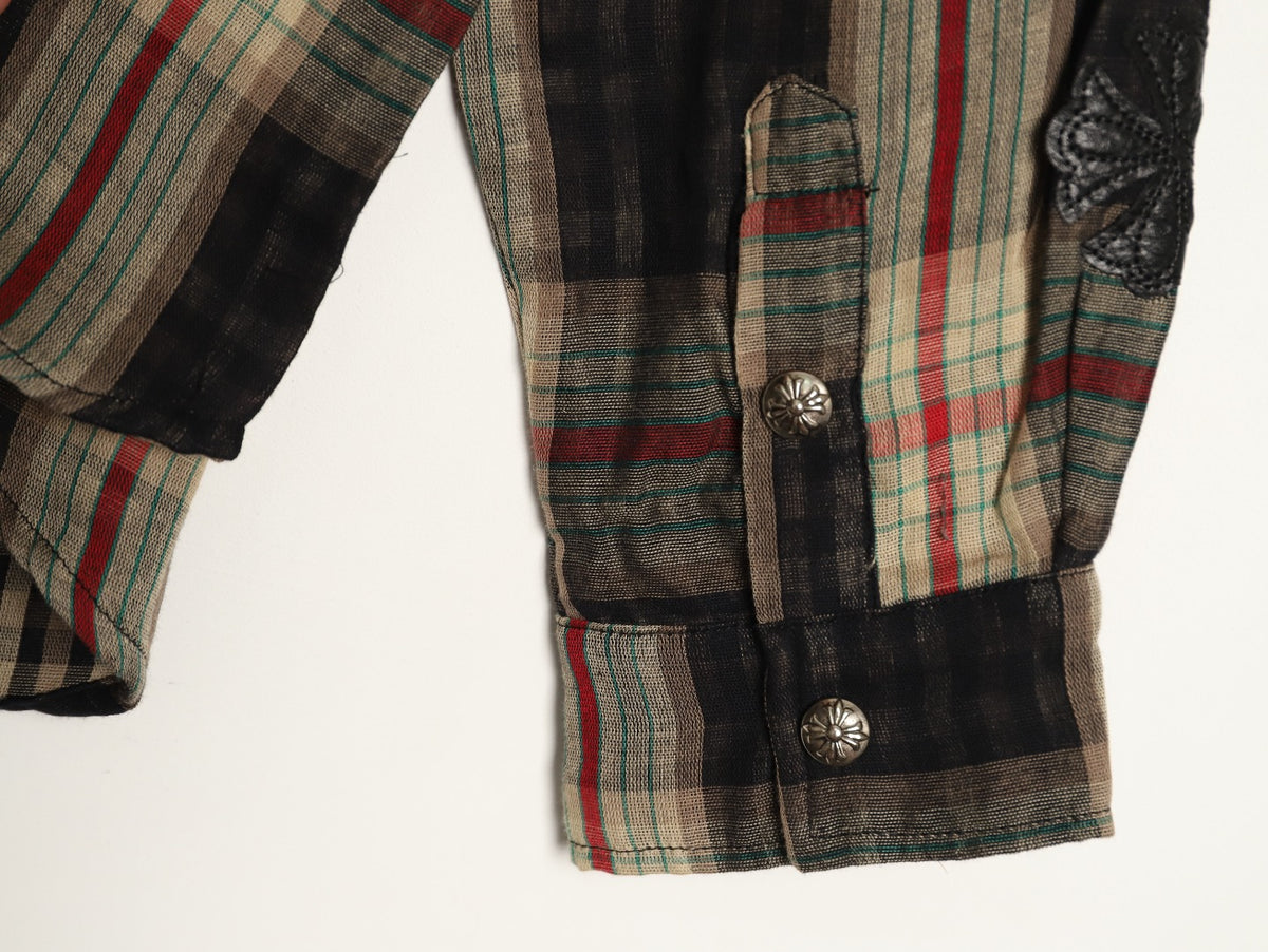 Leather Cross Patch Plaid Flannel Shirt