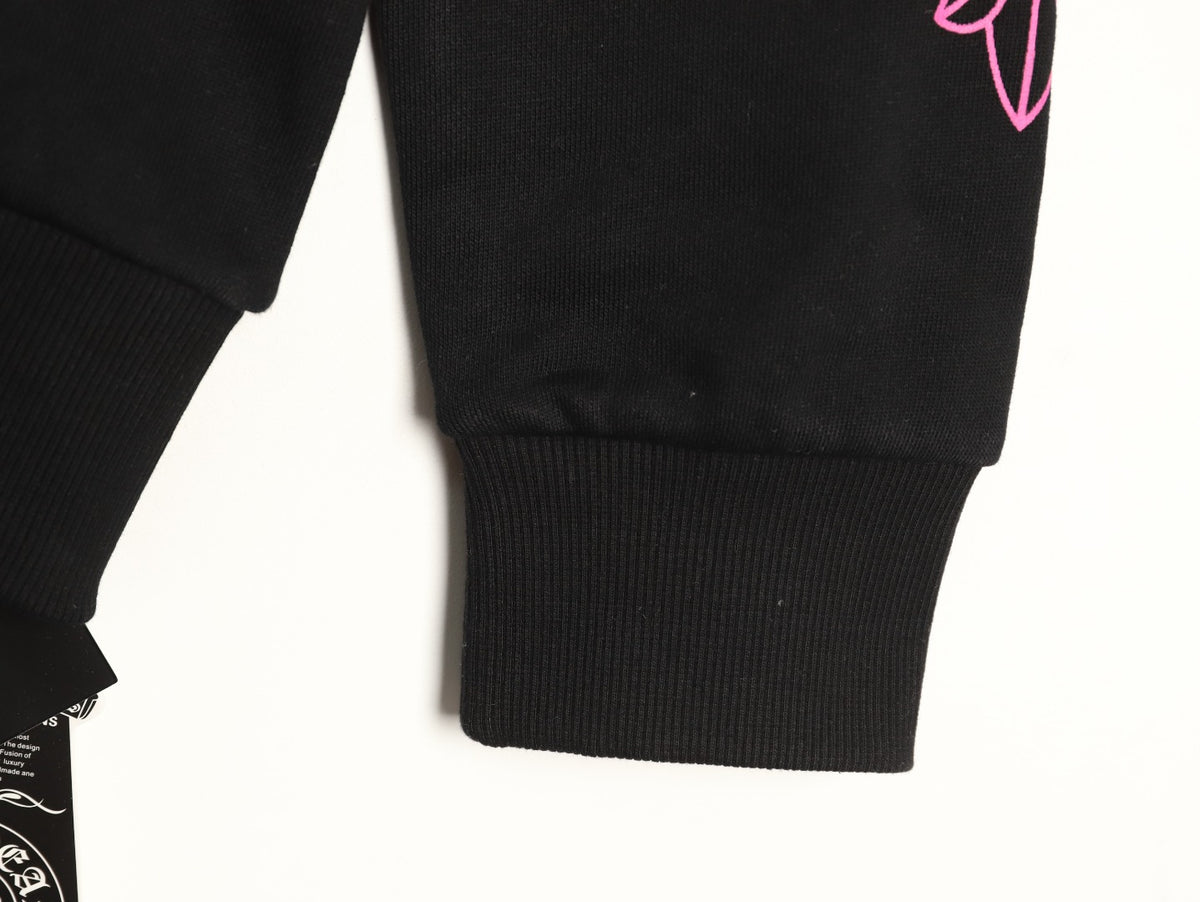 Horseshoe Floral Cross Sleeve Zip-Up Hoodie Black & Pink