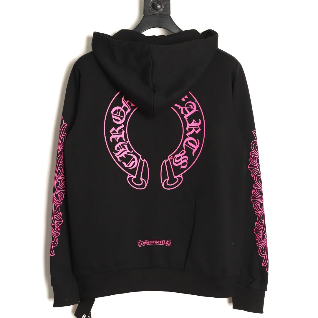 Horseshoe Floral Cross Sleeve Zip-Up Hoodie Black & Pink