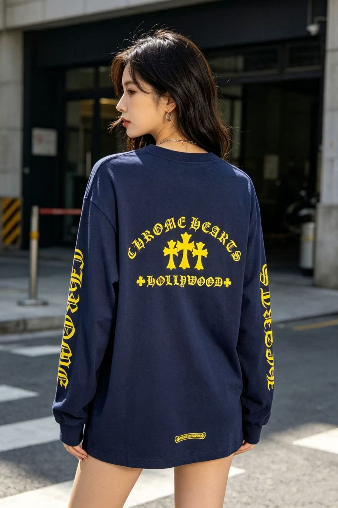 Dagger Gothic Long Sleeve Pocket T-Shirt Navy & Yellow