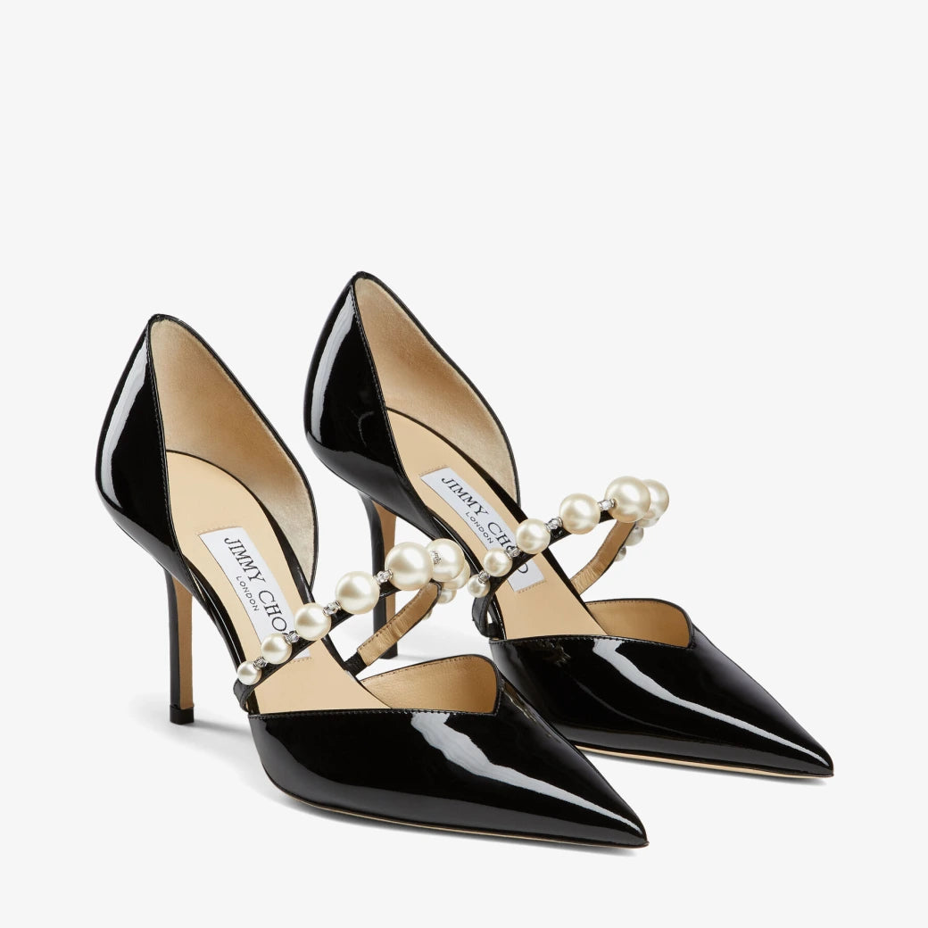 Aurelie 85 Black Patent Leather with Pearl Embellishment