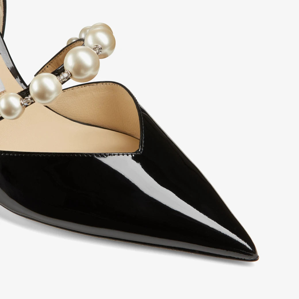 Aurelie 85 Black Patent Leather with Pearl Embellishment