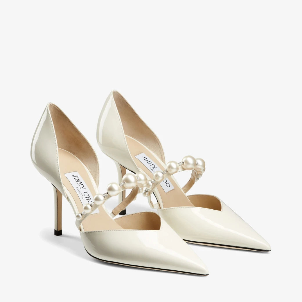 Aurelie 85 Latte Patent Leather with Pearl Embellishment