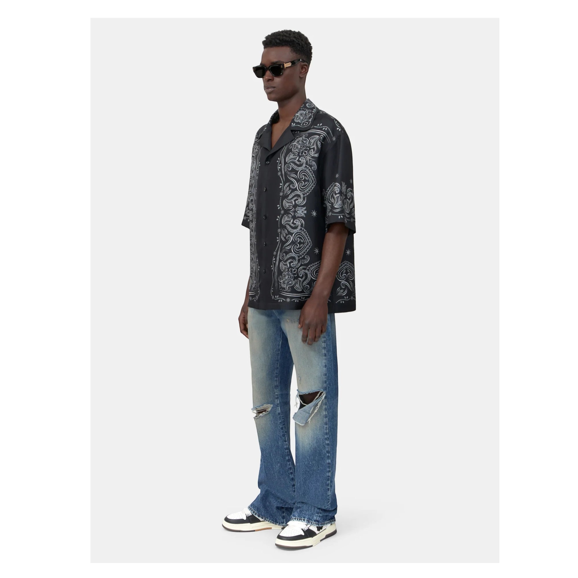 Bandana Paint Oversized Bowling Shirt Black